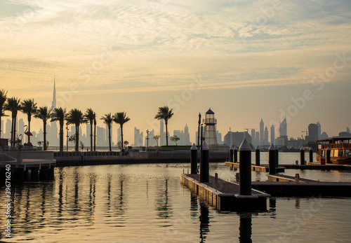 View of a Dubai city skyline from the wharf on Dubai creek harbour. UAE. Outdoors © Four_Lakes