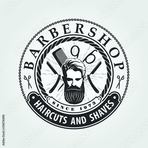 Barbershop logo, poster, banner template with Bearded men. Vector illustration