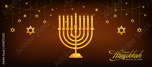 Vector image of Jewish Holiday, Happy Hanukkah celebration background with Menorah (Traditional Candelabra) and illuminated candles on dark brown background.