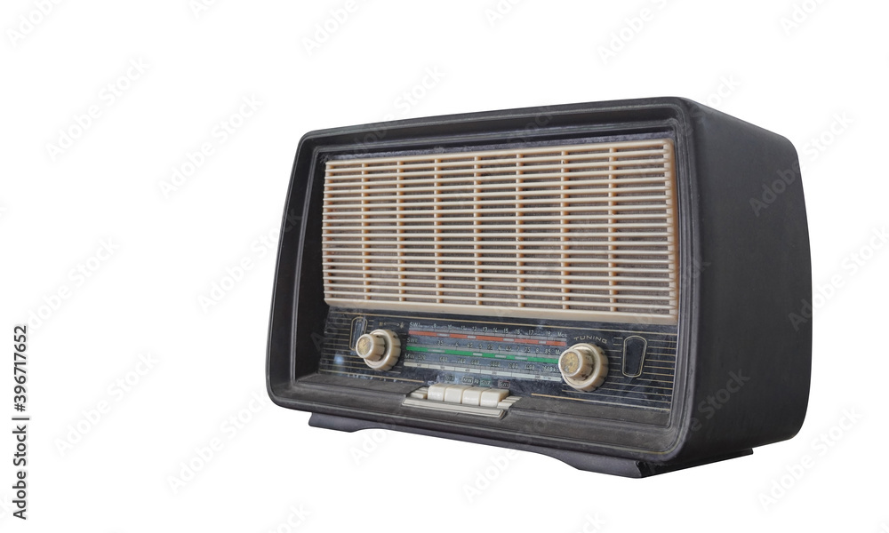 Fototapeta premium beautiful antique wooden radio on white background, technology, object, copy space