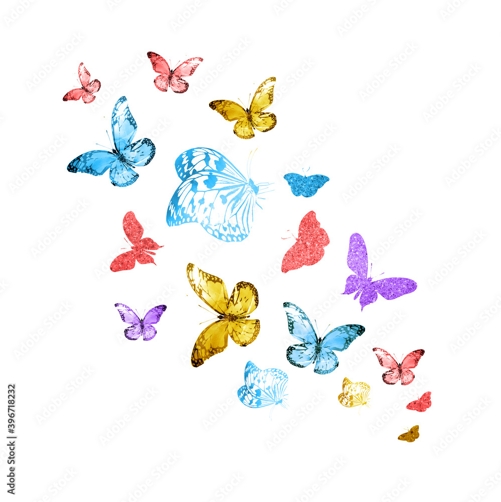 Fototapeta premium Flock of silhouette butterflies on white