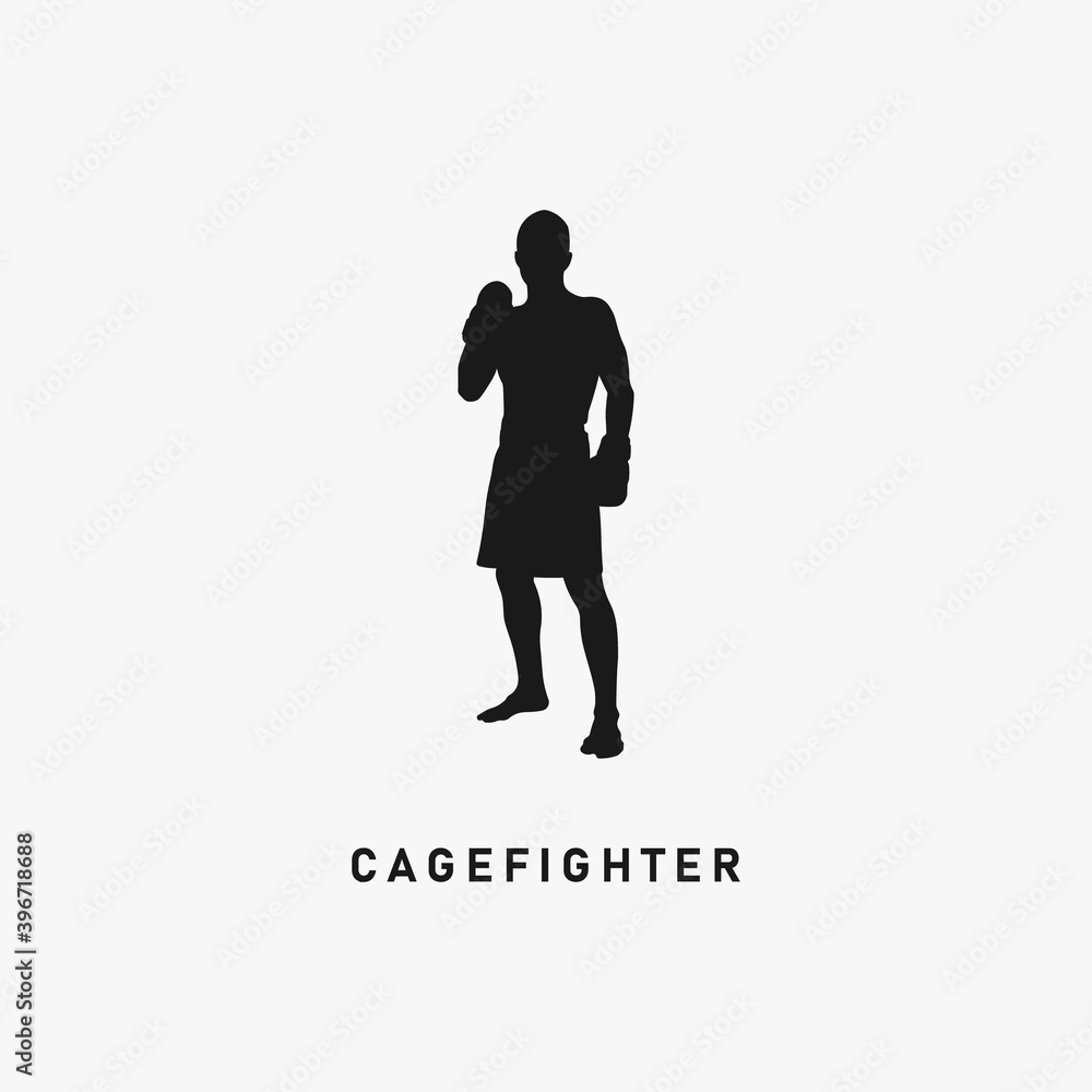 Cage fighter black and white silhouette. MMA fighter icon sign or symbol. Mixed martial artist logo. Combat sport. Fight show. Gym exercise training. Professional athlete simple vector illustration.