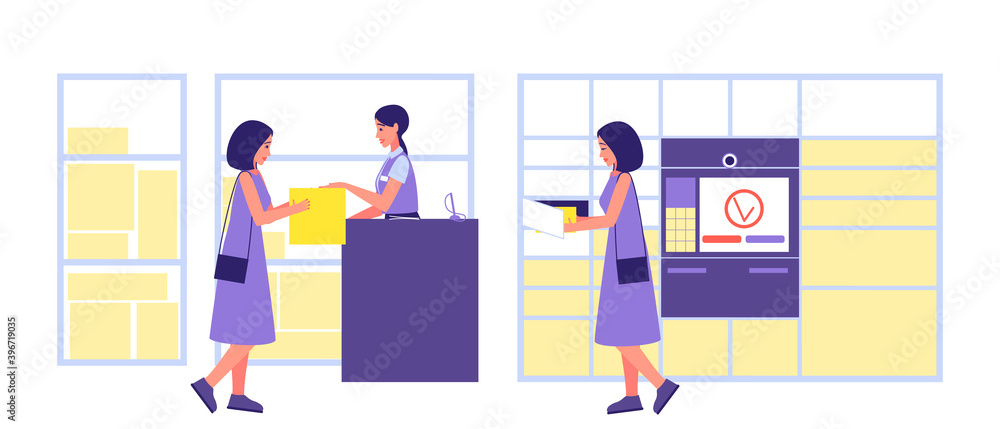 Methods for issuing ordered goods. The postman issues the package to the customer. A girl a buyer in an online store, picks up her order in a automated post station. Flat vector illustration.
Methods for issuing ordered goods. The postman issues the package to the customer. A girl a buyer in an online store, picks up her order in a automated post station. Flat vector illustration.