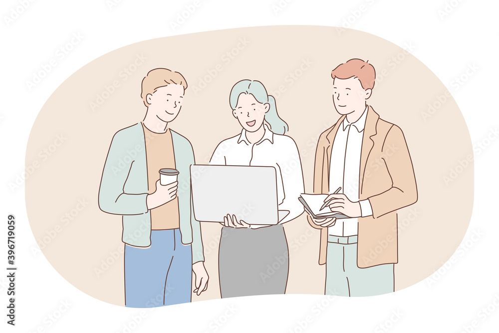 Teamwork, negotiations, business communication about startup concept. Group of young smiling business people coworkers cartoon characters discussing project in office with laptop, coffee and documents