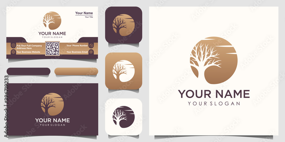 tree silhouette landscape with circle moon logo design