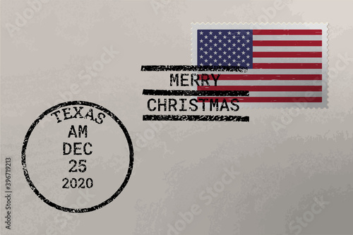 Postage envelope with US flag on postage stamp and cancellation stamps, vector