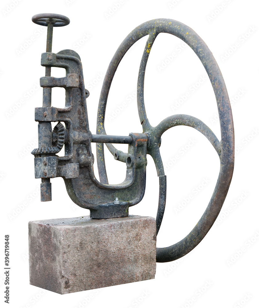 Old rusty mechanism with a wheel and gears isolated Old rusty mechanism with a wheel and gears isolated