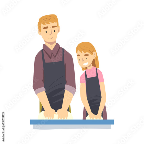 Dad and his Daughter Kneading Dough in the Kitchen, Parent Spending Time with his Child and Cooking Together Cartoon Style Vector Illustration