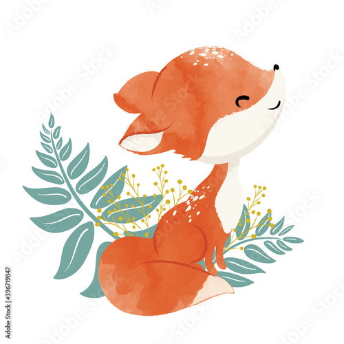 cute fox with leaves, vector illustration, children artworks