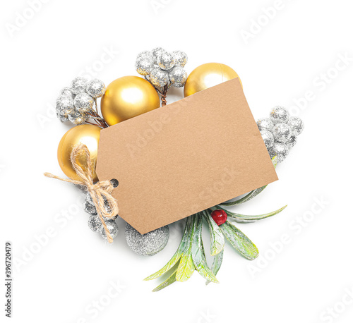 Beautiful Christmas composition with blank card on white background