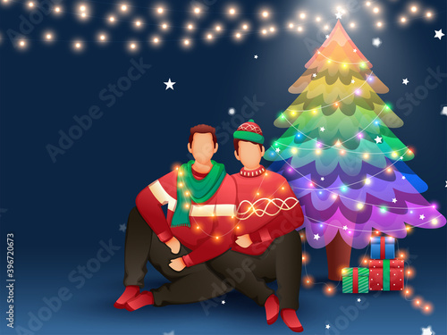 Two Faceless Man Sitting With Decorative Christmas Tree And Gift Boxes On Blue Background.