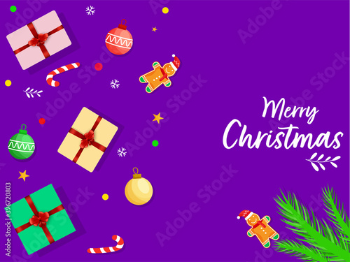 Merry Christmas Font With Top View Of Xmas Festival Elements On Purple Background.