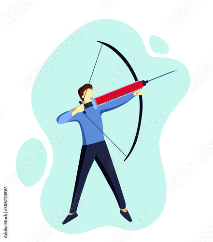 Man aiming an arrow with syringe with vaccine. Vector concept for covid corona virus immunization, vaccination, infection protection