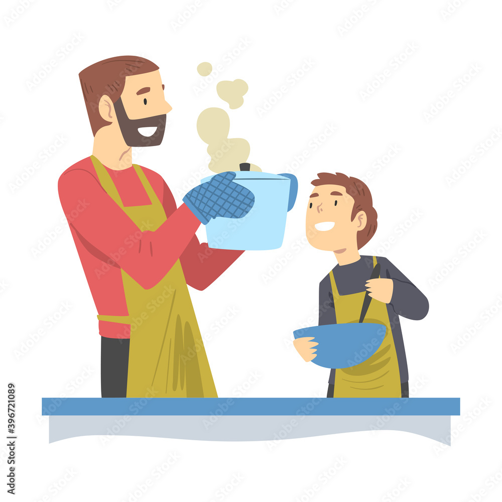 Dad and his Son Cooking Together, Parent Spending Time with Child and Teaching Son to Cook Cartoon Style Vector Illustration