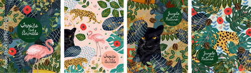 Jungle, animals and tropics. Vector illustrations of flamingo, panther, tiger, leopard, palm leaves, flowers and textures. Drawings for poster, background and cover
