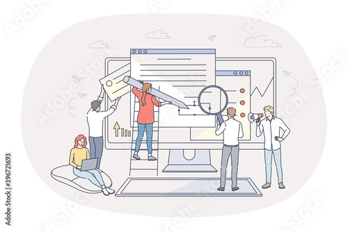 Finance, analytics, teamwork concept. People business partners workers cartoon characters analysing financial data and marketing information statistics, making report together in office illustration 