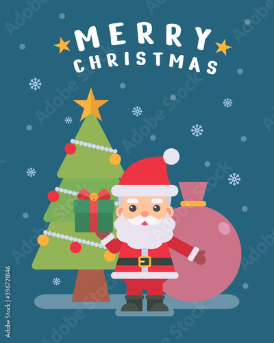 Cute Santa Claus holding gift and standing in front of christmas tree and bag on snow scene background. Flat vector cartoon illustration with Merry Christmas text.