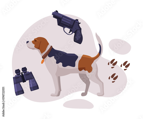 Hunting Objects Set, Hunting Dog, Gun, Binoculars and Footprints Flat Vector Illustration