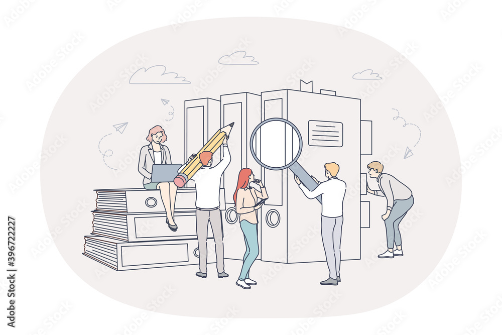 Finance, analytics, teamwork concept. People business partners workers cartoon characters analysing financial data and marketing information statistics together in office in team illustration 