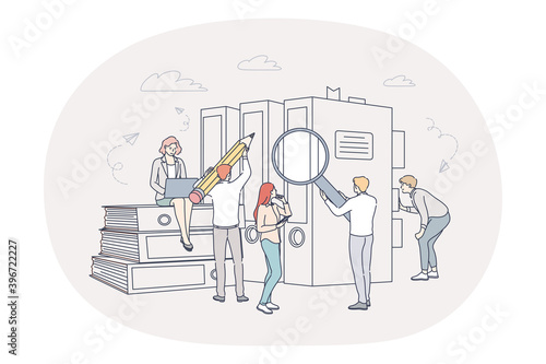Finance, analytics, teamwork concept. People business partners workers cartoon characters analysing financial data and marketing information statistics together in office in team illustration 