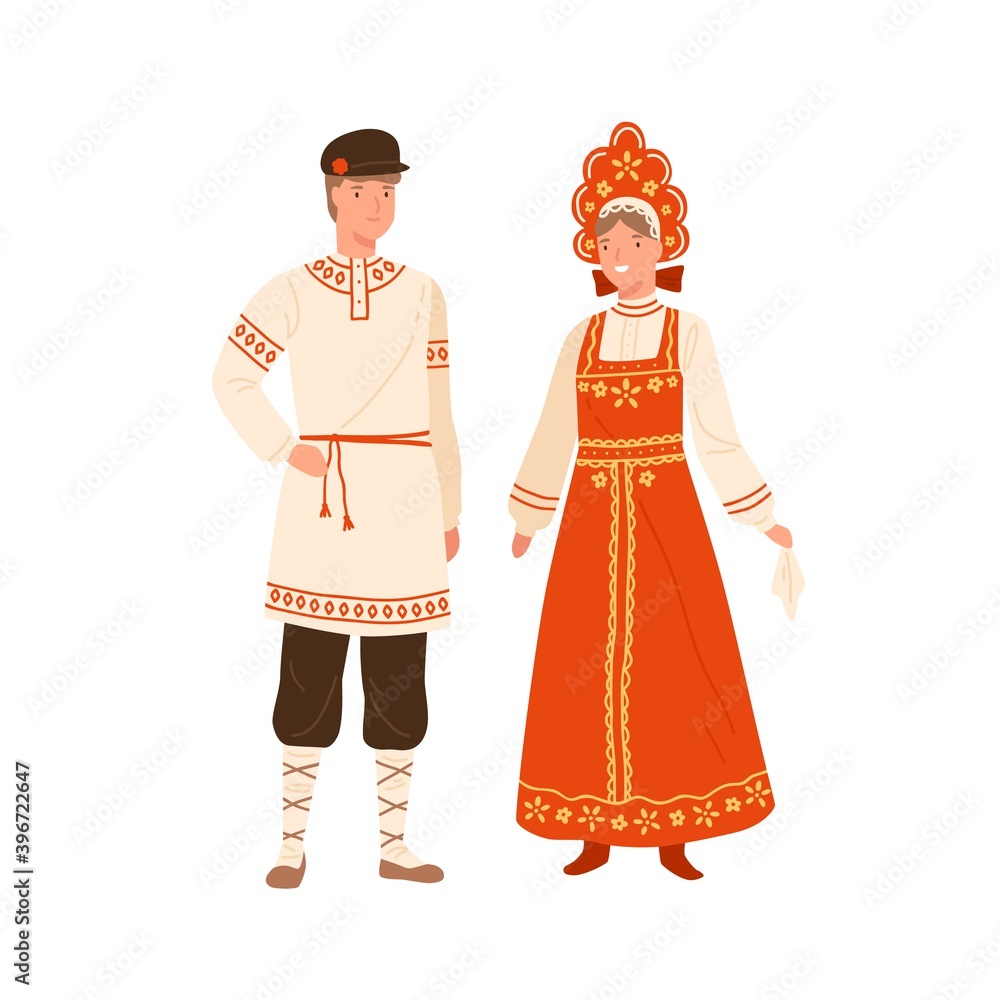Woman and man wearing russian national costume. Female character in kokoshnik and traditional sarafan. Male person in bast shoes and ornamented shirt. Flat vector illustration isolated on white