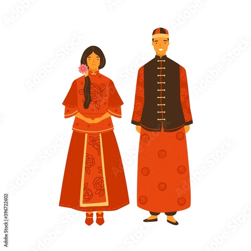 Asian couple wearing traditional chinese costumes. Female character in decora...