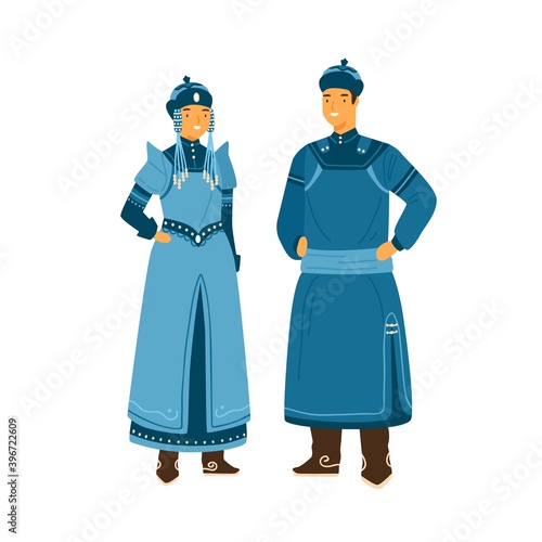 Man and woman wearing traditional mongolian costume. Female character in decorated headdress and national dress. Male person in hat and deel. Flat vector illustration isolated on white background photo