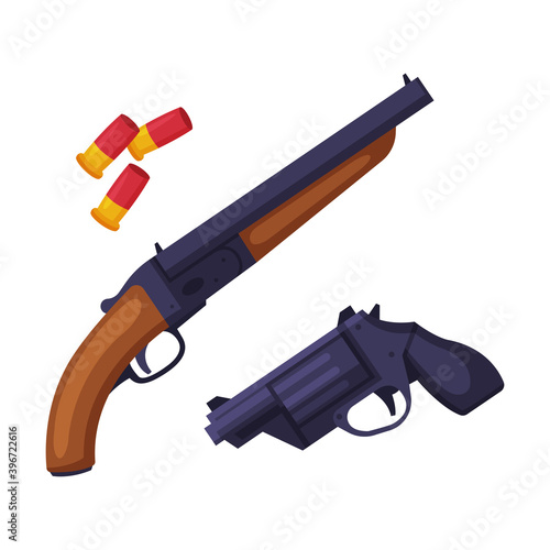 Weapon Set, Shotgun, Gun and Bullets, Hunting Tackles and Equipment Flat Style Vector Illustration