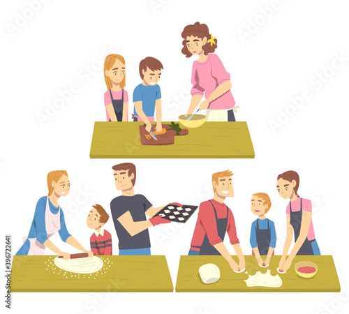Happy Families Cooking in the Kitchen Set, Parents Spending Time with their Children and Cooking Together Cartoon Style Vector Illustration