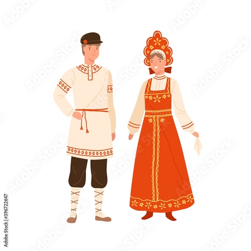Woman and man wearing russian national costume. Female character in kokoshnik and traditional sarafan. Male person in bast shoes and ornamented shirt. Flat vector illustration isolated on white