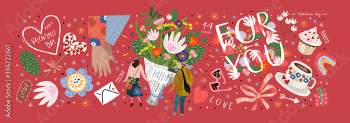 Valentine's Day! February 14. Vector cute illustrations of a man and a woman in love, a bouquet of flowers, a shop, a background with objects and "for you". Drawings for postcard and banner