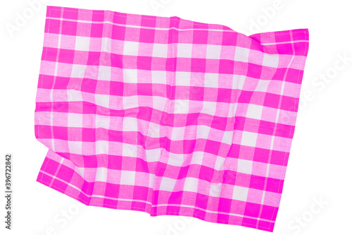 Towels isolated. Close-up of pink and white checkered napkin or picnic tablecloth texture isolated on a white background. Kitchen towel.