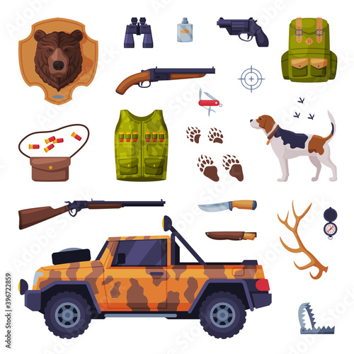 Hunting Attributes Set, Hunter Tackles and Equipment Flat Vector Illustration
