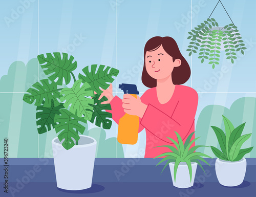 Woman Caring Houseplants Flat Illustration