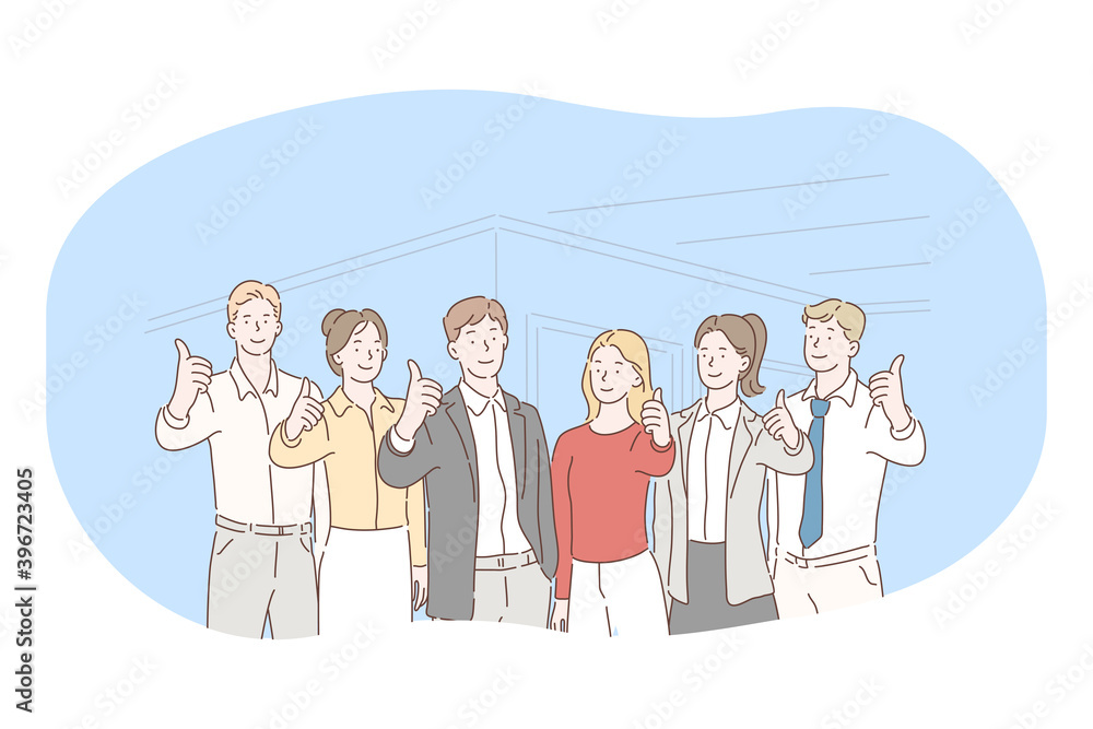 Teamwork, negotiations, success in office concept. Group of Business partners office workers standing and showing successful thunk up sign together after negotiations or brainstorming Teamwork, negotiations, success in office concept. Group of Business partners office workers standing and showing successful thunk up sign together after negotiations or brainstorming