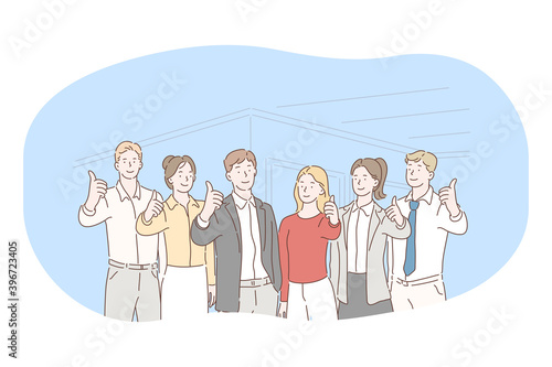 Teamwork, negotiations, success in office concept. Group of Business partners office workers standing and showing successful thunk up sign together after negotiations or brainstorming 
