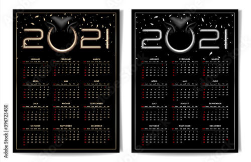 The calendar is set for 2021. According to the Chinese calendar, the year of the Ox. Bull nostrils with nose ring and 2021 silver and gold numerals. Realistic style, black background, confetti Vector.