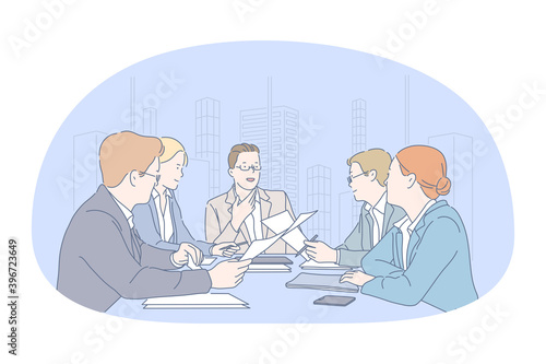 Teamwork, negotiations, brainstorming in office concept. Business people office workers partners sitting and discussing projects, collaborating making presentations together. Couching, communication