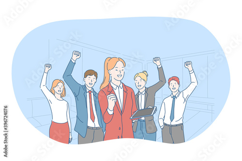 Success, agreement, business development concept. Happy young business people partners celebrating success in project with raised hands and feeling happy in office. Teamwork, leadership, strategy 