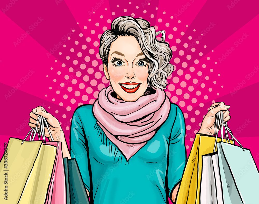 Smiling  young sexy woman with shopping  bag in comic style.  Pop Art  wow girl. Advertising poster of sale or discount