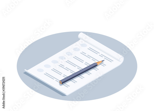 isometric vector illustration isolated on white background, sheet and pencil icon, making a list or test