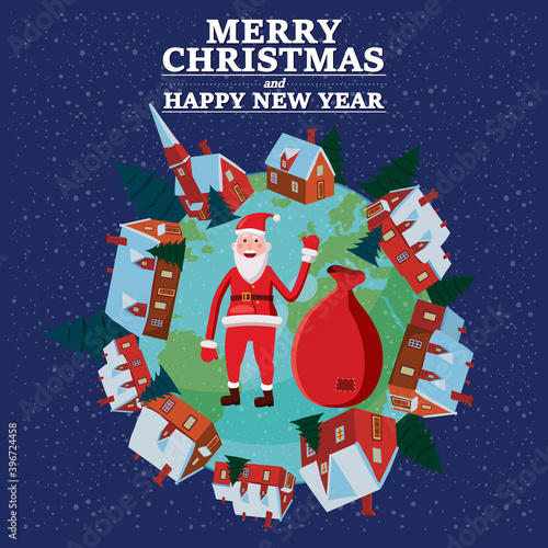 Merry Christmas and Happy New Year holiday Santa Claus carrying sack full of gifts, background Earth planet. Vector illustration