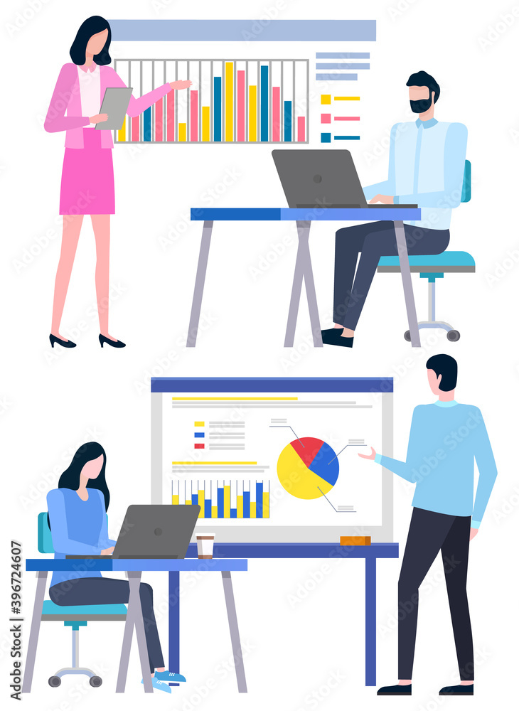Manager and employee discussing graph report, people communication with laptop. Man and woman workers using computer, professional cooperation vector Manager and employee discussing graph report, people communication with laptop. Man and woman workers using computer, professional cooperation vector