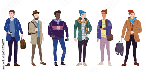 Set Young mans students in modern autumn trendy clothes. Fashion casual outerwear street style characters. Flat cartoon style vector isolated