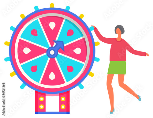 Game fortune wheel. Girl playing risk game with fortune wheel and lottery. Casino and gambling vector. Illustration of casino fortune, wheel winner game. Woman won, joyfully raised her hands up