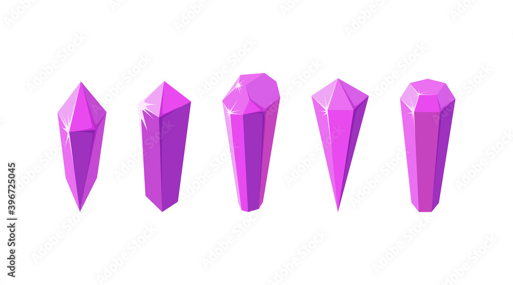 Pink crystal stones like amethyst quartz. Set of gems or glass crystals for games and other designs. Vector illustration in cartoon style Pink crystal stones like amethyst quartz. Set of gems or glass crystals for games and other designs. Vector illustration in cartoon style