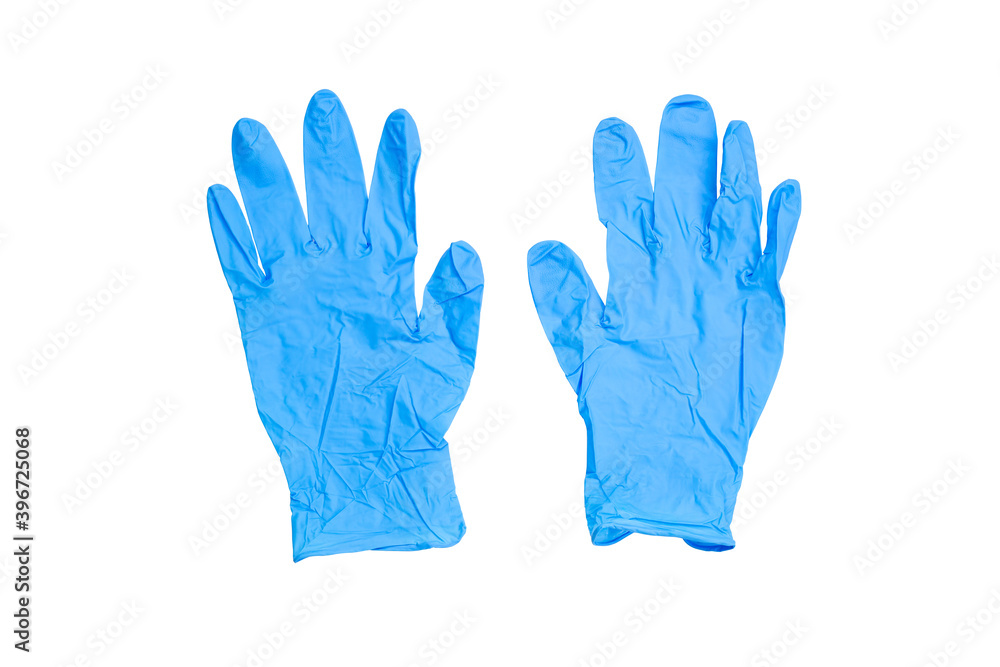 Fototapeta premium Blue medical gloves for health protection with clipping path isolated white background.