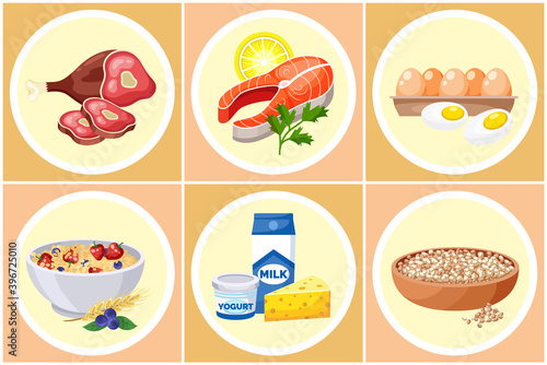 Collection of healthy food. Lean red meat, salmon with lemon, parsley, eggs, oatmeal with strawberries, blueberries, milk, yogurt, cheese, plate with quinoa. Healthy eating organic products