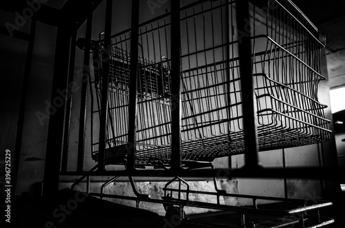 Black and white photo of a shopping cart