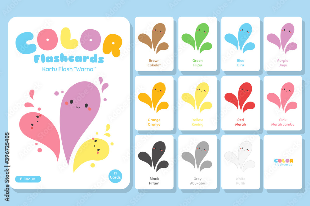 Color bilingual flashcards vector set. Cute color educational flashcards for kids.